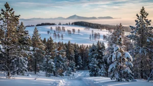 Paysage hivernal nordique jurassien enneigé avec forêt de pins et sentier sous ciel bleu clair