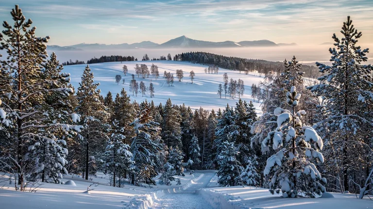 Paysage hivernal nordique jurassien enneigé avec forêt de pins et sentier sous ciel bleu clair
