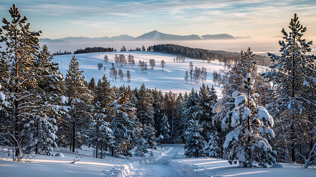 Paysage hivernal nordique jurassien enneigé avec forêt de pins et sentier sous ciel bleu clair