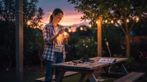 Installation guirlande guinguette extérieur dans un jardin au crépuscule avec ambiance chaleureuse et naturelle