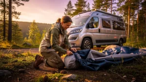 Femme packant un auvent gonflable après camping d'une semaine, scène forestière en lumière dorée
