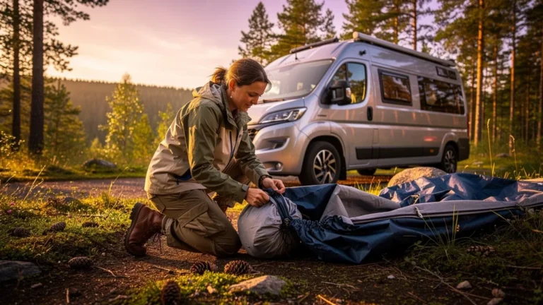Femme packant un auvent gonflable après camping d'une semaine, scène forestière en lumière dorée