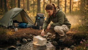 Femme frustrée en camping oubliant de vérifier le point d'eau, coûtant 50 € de rebooking