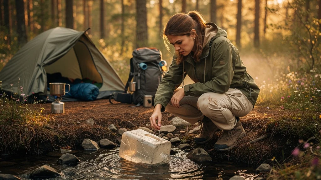 Femme frustrée en camping oubliant de vérifier le point d'eau, coûtant 50 € de rebooking