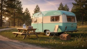 Caravane rétro vintage au charme intemporel en pleine nature au coucher du soleil, ambiance camping authentique