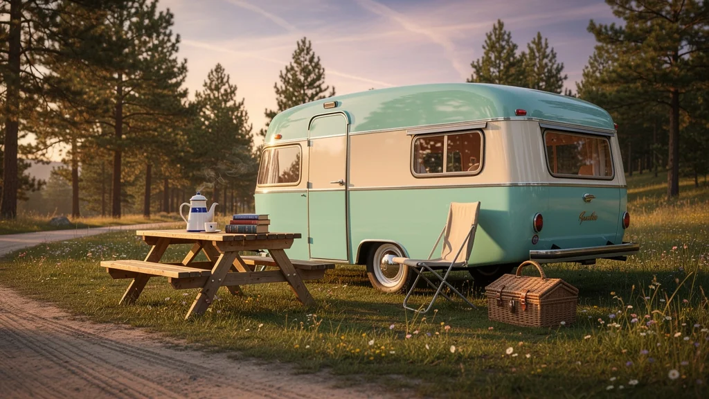 Caravane rétro vintage au charme intemporel en pleine nature au coucher du soleil, ambiance camping authentique