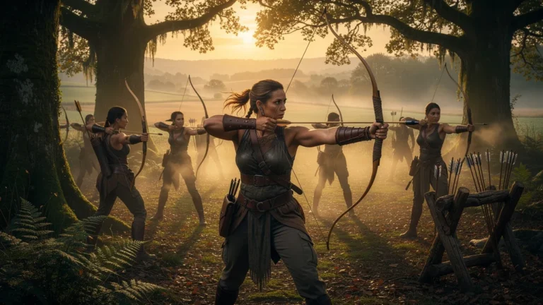 Portrait hyperréaliste des Amazones du Mans en forêt, entraînement au tir à l'arc au lever du jour