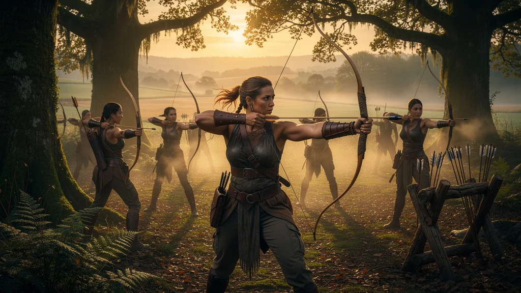 Portrait hyperréaliste des Amazones du Mans en forêt, entraînement au tir à l'arc au lever du jour