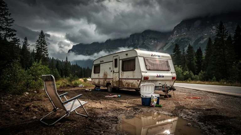 Vieille caravane Adria sur une route isolée avant un orage, ambiance road trip aventure et imprévu