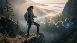 Femme en pleine nature évitant une magie invisible dans un paysage montagneux au lever du jour