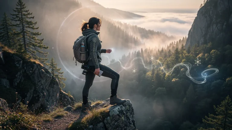 Femme en pleine nature évitant une magie invisible dans un paysage montagneux au lever du jour