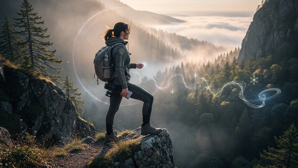 Femme en pleine nature évitant une magie invisible dans un paysage montagneux au lever du jour