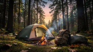 Scène de camping en forêt au coucher du soleil illustrant Moreira Voyages avis 2024 pour voyageurs outdoor