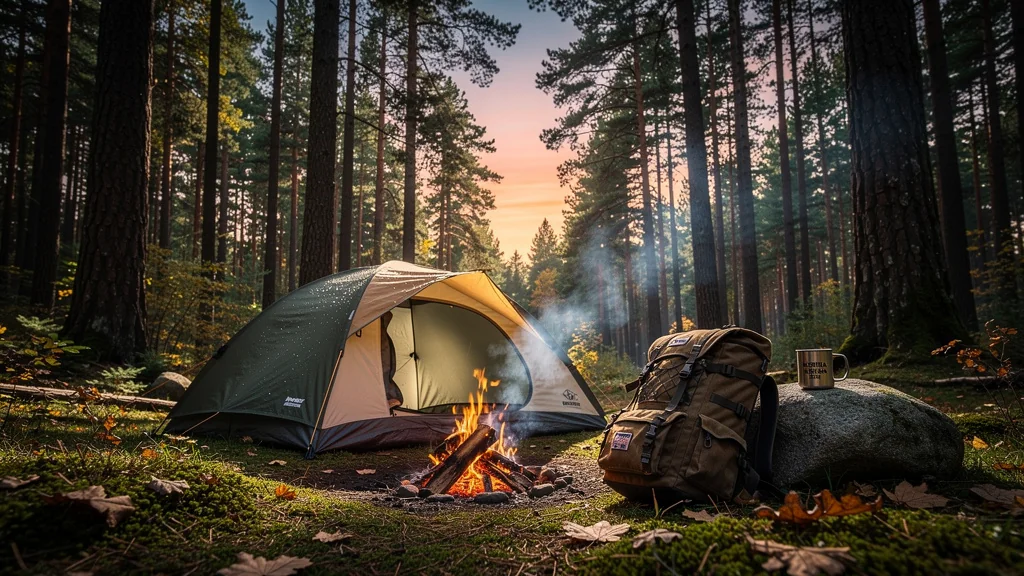 Scène de camping en forêt au coucher du soleil illustrant Moreira Voyages avis 2024 pour voyageurs outdoor