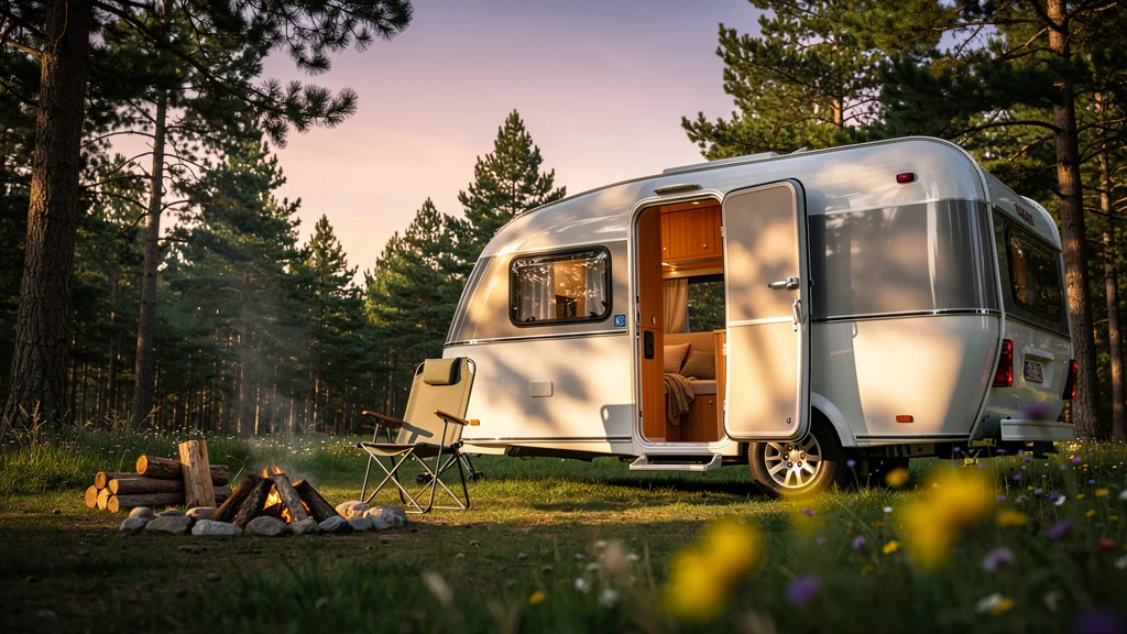 Petite caravane 2 places moderne au camping en pleine nature lors d’un coucher de soleil paisible