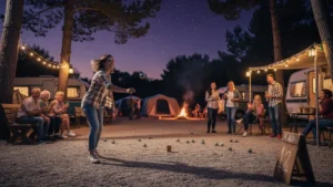 Soirée pétanque conviviale au camping entre voisins sous guirlandes lumineuses au crépuscule