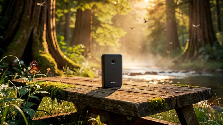 Dispositif Savatou en forêt luxuriante au coucher de soleil, ambiance nature et protection outdoor
