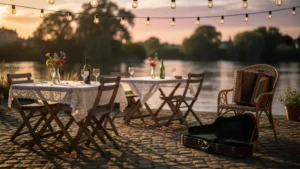 Soirée guinguette traditionnelle au bord de l'eau avec lumière dorée et ambiance chaleureuse avant la fête