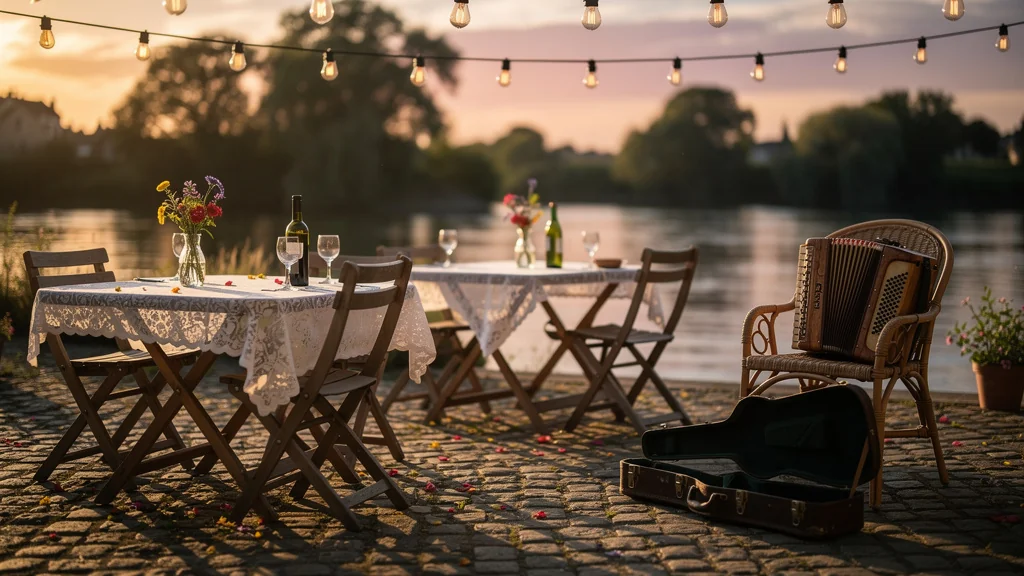 Soirée guinguette traditionnelle au bord de l'eau avec lumière dorée et ambiance chaleureuse avant la fête