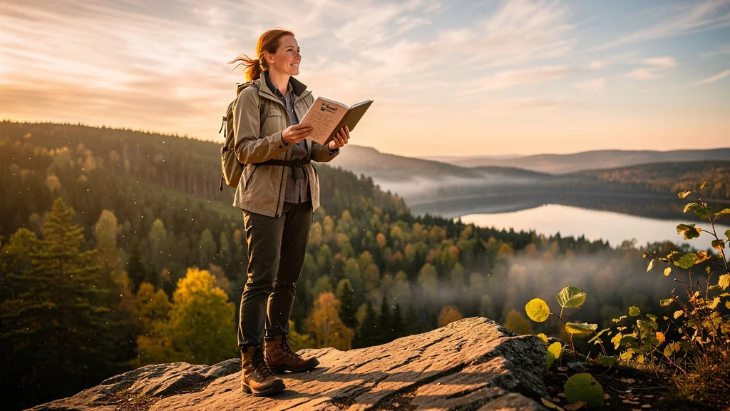 Portrait hyper-réaliste d’une rédactrice voyage en extérieur avec paysage naturel spectaculaire en arrière-plan