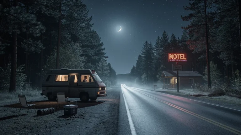 Nuit d’étape en bord de route désertée, motel complet, van immobile sous ciel étoilé et lune