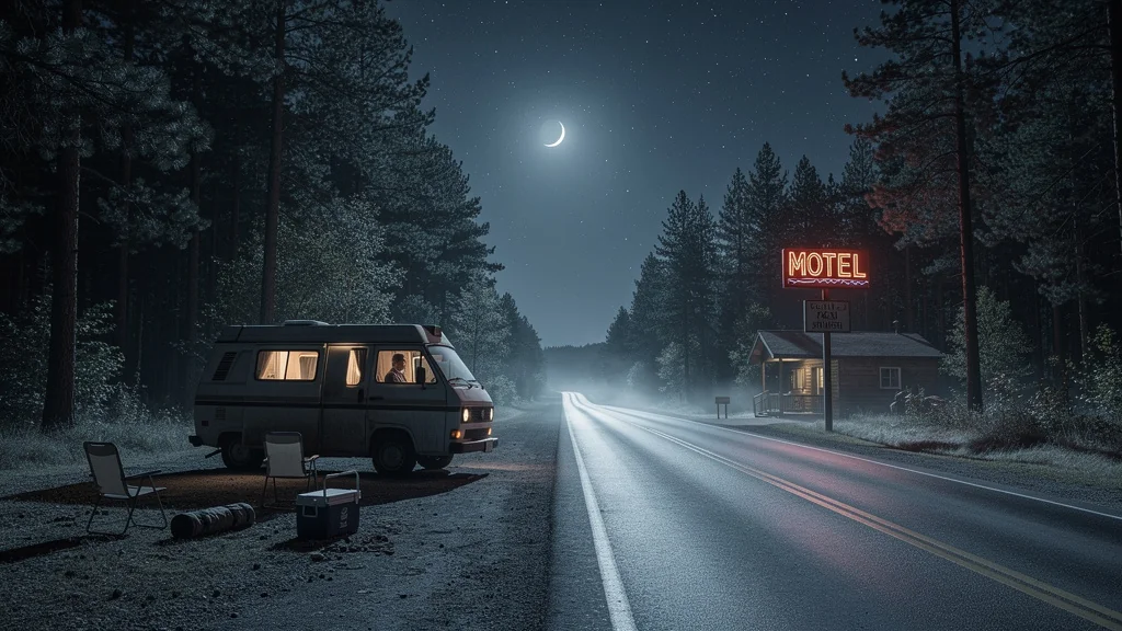 Nuit d’étape en bord de route désertée, motel complet, van immobile sous ciel étoilé et lune