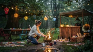 Soirée guinguette improvisée en camping sous la pluie, ambiance chaleureuse et lumineuse