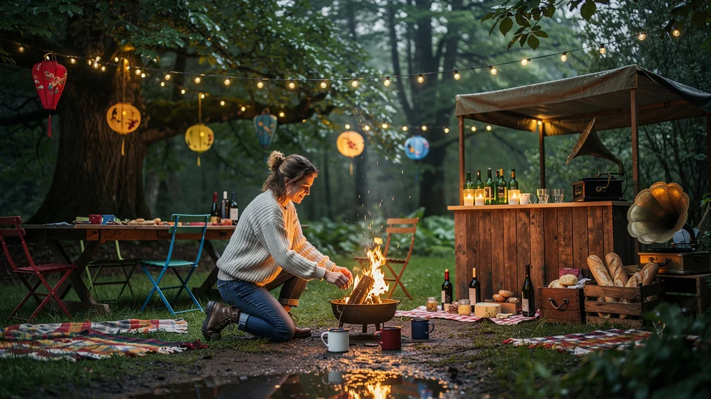 Soirée guinguette improvisée en camping sous la pluie, ambiance chaleureuse et lumineuse